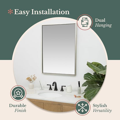 Hamilton Hills 30x40 inch Polished Silver Metal Framed Wall Mounted Mirror - Large Rectangular Bathroom Mirror - 1/2 inch Floating Frame Vanity Nickel Glass - Hangs Horizontal or Vertical