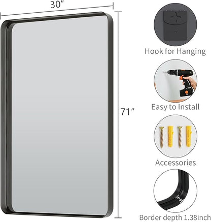 Koonmi Black Bathroom Mirror for Wall, 30x71 Inch Matte Metal Deep Framed Rounded Corner Wall Mirror, Shatterproof Tempered Glass for Farmhouse Bedroom Entryway, Vertically or Horizontally