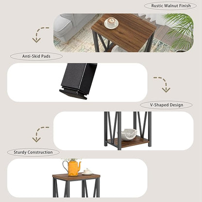 FOLUBAN Small End Table, Rustic Wood and Metal Side Table with Storage, Modern Night Stand for Living Room Bedroom Office, Walnut