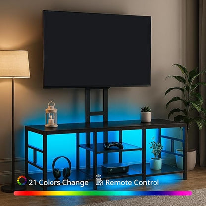 LUCKLIFE TV Stand with Charging Station for TVs up to 70 Inch，Entertainment Center with LED Light and Open Storage Shelves，Modern Media Console Table for Living Room,Bedroom,Modern Black