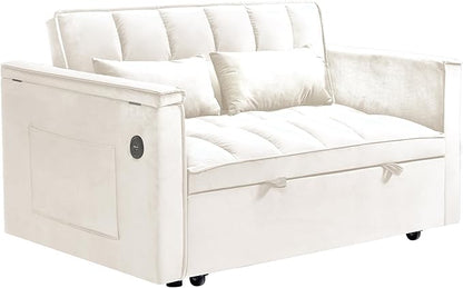 Ball & Cast 55" 3 in 1 Sleeper Sofa Bed Velvet Upholstered Pull Out Couch with Adjustable Back & 2 Pillows,Convertible Futon Sofa Bed W/Hidden Side Table,Side Pocket & USB Port,for Living Room,Beige