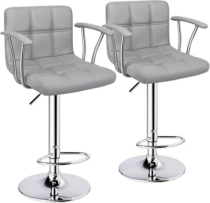 Bar Stools Set of 2,Armrest Adjustable Swivel Barstools with Back,Double Needle PU Leather Counter Height Bar Stools for Kitchen Island, Light Grey