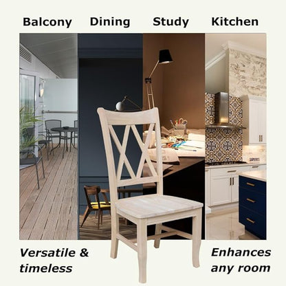 IC International Concepts, Set of 2 Double X-Back Dining Chairs, Armless, Real Wood, Kitchen/Dining/Accent, 19.9"W x 22"D x 41.3"H, 225 Lbs Wt. Capacity, DIY, Paint/Stain In Any Color, Unfinished