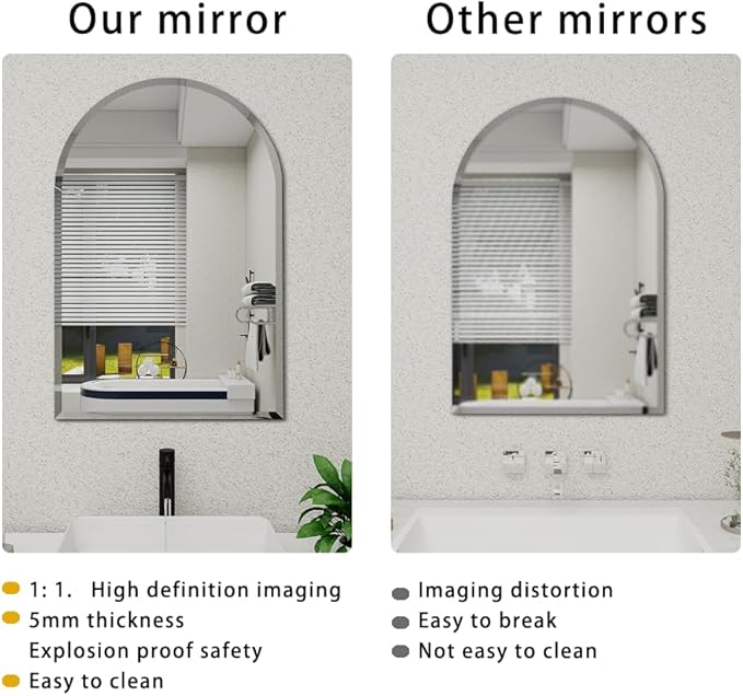 Arched Bathroom Mirror, 26X38 inch Arched Frameless Mirror, Arch Wall Mirror，Frameless Mirrors for Bathroom,Beveled Bathroom Mirror.