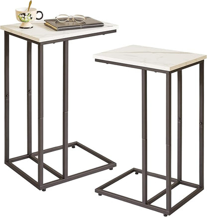 Side Table Small End Table C Shaped, Slide Under Laptop Desk for Couch, Living Room Side Table Set of 2, TV Trays for Eating on Couch, Faux Marble+Black YD-TM051B-2