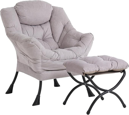 Lazy Chair and Ottoman, Large Accent Lounge Chair with Armrests and a Side Pocket, Modern Leisure Upholstered Sofa Reading Armchair with Footrest for Bedroom, Living Room, Dorm Rooms, Office