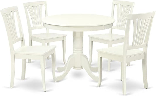 East West Furniture ANAV5-LWH-W 5 Piece Dining Room Table Set Includes a Round Kitchen Table with Pedestal and 4 Dining Chairs, 36x36 Inch, Linen White