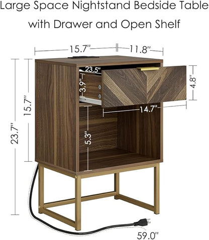 Masupu Nightstand with Charging Station,Modern Night Stand Boho Farmhouse Wood Bedside Table with Storage Drawer Side End Table for Bedroom,Living Room,Office,Walnut Brown with Outlet