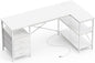 Huuger L Shaped Office Desk with Power Outlets, 55 Inch Computer Desk with 3 Drawers, Shelves, Reverisble for Gaming Corner Work Home Office Study, White