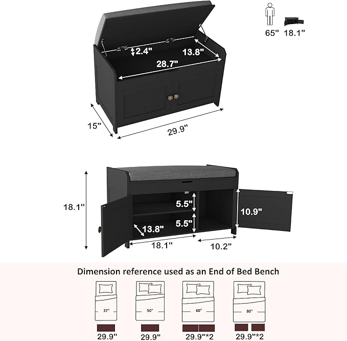 HOMEFORT 30" Shoe Bench with Lift Top Storage, Entryway Bench with Cushioned Seat, Wooden End of Bed Bench, Shoe Cabinet Bench with Hidden Storage Space, for Bedroom, Hallway,Black