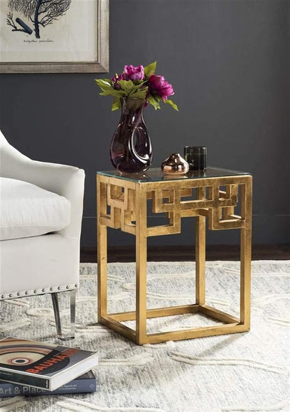 SAFAVIEH Home Collection Byram Greek Key Gold Glass Top End Table