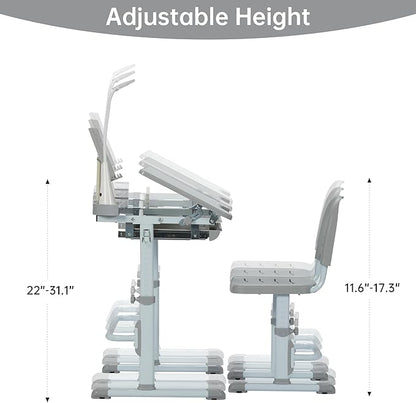 Real Relax Kids Desk and Chair Set, Children's Multifunctional School Tables with Tilt Desktop, LED Light, Metal Hook Grey