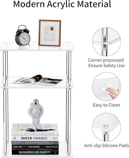 Clear Acrylic Side Table, 3-Tier End Table for Living Room, Small Bedside Tables Nightstand for Bedroom, Home Decor Accent Table, 15.7" L x 11.8" W x 23.6" H