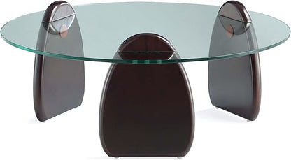 Manhattan Comfort Artesia Round Coffee Table with Sleek Tempered Glass Top, Solid Wood Base, and Contemporary Design, Living Room Accent Furniture for Modern Homes, Centerpiece, Dark Walnut