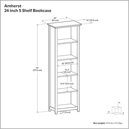 SIMPLIHOME Amherst Bookcase - 70 inch Tall 5-Shelf Solid Wood Bookshelf in White, Transitional Storage for Living Room, Study Room or Office with Adjustable Shelves and Tapered Legs