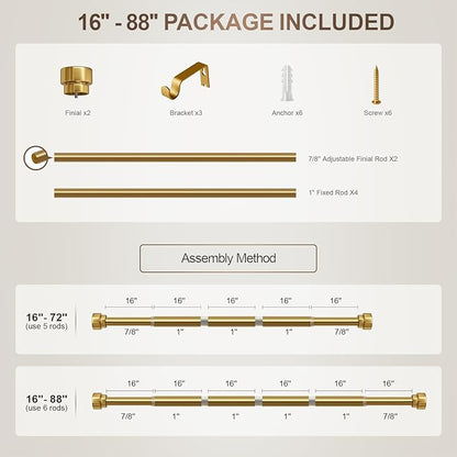 Modern Gold Curtain Rods for Windows 48 to 84 Inches Adjustable Length Heavy Duty 1" Diameter Brass Window Curtain Rod with Solid Metal Finials for Outdoor Farmhouse Bedroom Kitchen Living Room