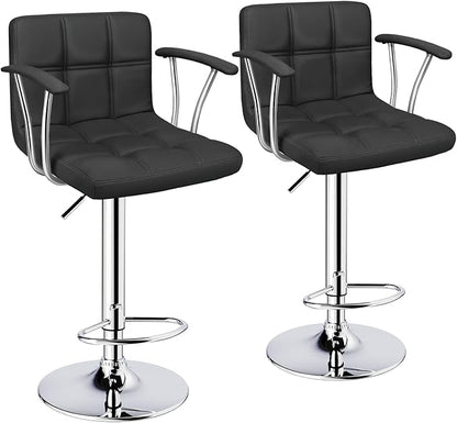 Bar Stools Set of 2,Armrest Adjustable Swivel Barstools with Back,Double Needle PU Leather Counter Height Bar Stools for Kitchen Island, Black