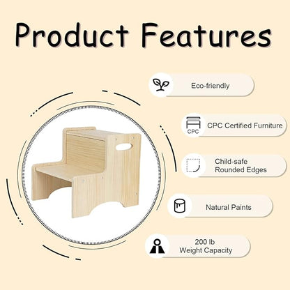 WOOD CITY Toddler Step Stool for Kids, Wooden Two Step Children's Stool with Handles, Bonus Non-Slip Pads for Safety, Bathroom Potty Stool & Kitchen Step Stools Dual Height