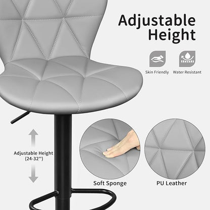Bar Stools Set of 2, Adjustable Swivel Bar Chairs with Shell Back, PU Leather Counter Height Bar Stools for Kitchen lsland, Light Grey