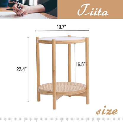 Tiita Rattan Coffee Table, Round End Table, 19.7Inch Modern Side Table, Small Bamboo Living Room Side Table, Glass Sofa End Table for Balcony and Office Outdoor/Indoor (Wood)