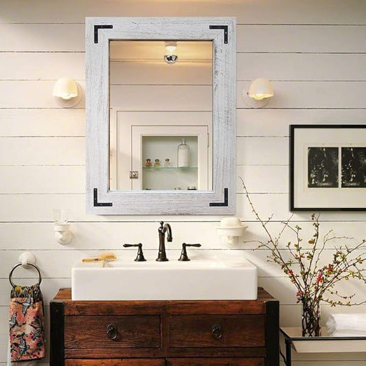 YOSHOOT Rustic Wooden Framed Wall Mirror, Natural Wood Bathroom Vanity Mirror for Farmhouse Decor, Vertical or Horizontal Hanging