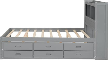 Full Size Pine Wood Platform Bed with Trundle,Drawers,2 Ports and 2 USB Plugs,Storage Bed with Pull Out Shelves,No Box Spring Needed,Perfect for Adults,Teens Bedroom Furniture,Gray
