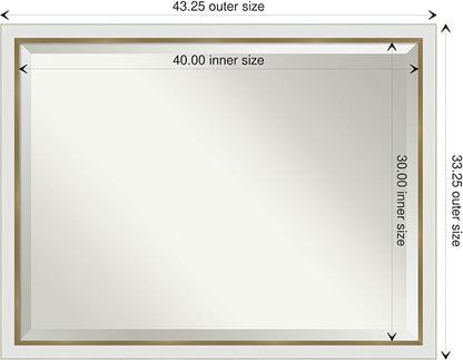 Amanti Art White Bathroom Mirror for Over Sink, 33x43 Eva White Gold Narrow Rectangle Vanity Mirror, X-Large Modern Contemporary Frame, Hangs Horizonally and Vertically, Bathroom Wall Decor, Beveled