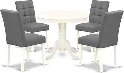 East West Furniture ANAS5-LWH-41 5 Piece Dining Table Set contain A Dinner Table and 4 Platinum Gray Polyester Fabric Kitchen Chairs with Stylish Back- Linen White Finish