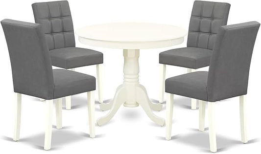 East West Furniture ANAS5-LWH-41 5 Piece Dining Table Set contain A Dinner Table and 4 Platinum Gray Polyester Fabric Kitchen Chairs with Stylish Back- Linen White Finish