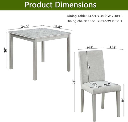 KEIKI 5-Piece Standard Height Dining Table Set with Square Table and 4 Upholstered Chair, for 4 Person, Classic Crystal Decoration Wood Table Set, Easy Assembly, for Kitchen, Dining Room, Silver Grey