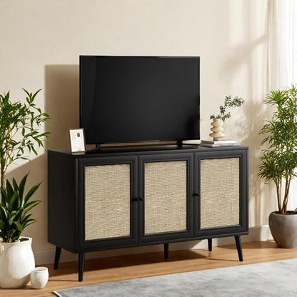 Rattan Entryway Table, Entertainment Center with Adjustable Shelf, Sideboard Buffet Cabinet with 3 Rattan Doors, Modern Console Cabinet with Large Storage for Living Room, Kitchen, Black