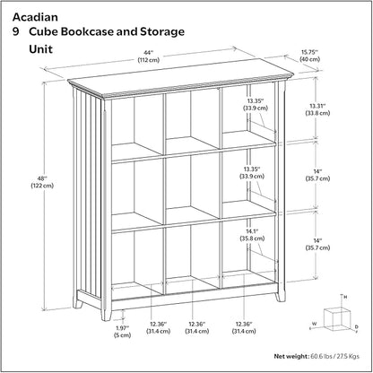 SIMPLIHOME Acadian Bookcase - 44 inch Tall 9-Cube Solid Wood Cube Organizer in Light Golden Brown, Transitional Bookcase Storage for Living Room, Study or Office with Fixed Shelves and Tapered Legs