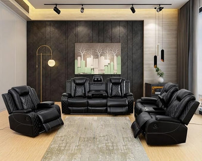 Electric Power Recliner Chair/Loveseat/Sofa Living Room, Comfy Home Theater Breathing Leather Seating with USB 2.0 Charging Ports, LED Light Strips, Fold-Down Table & Cupholders (Black, 3-Piece)