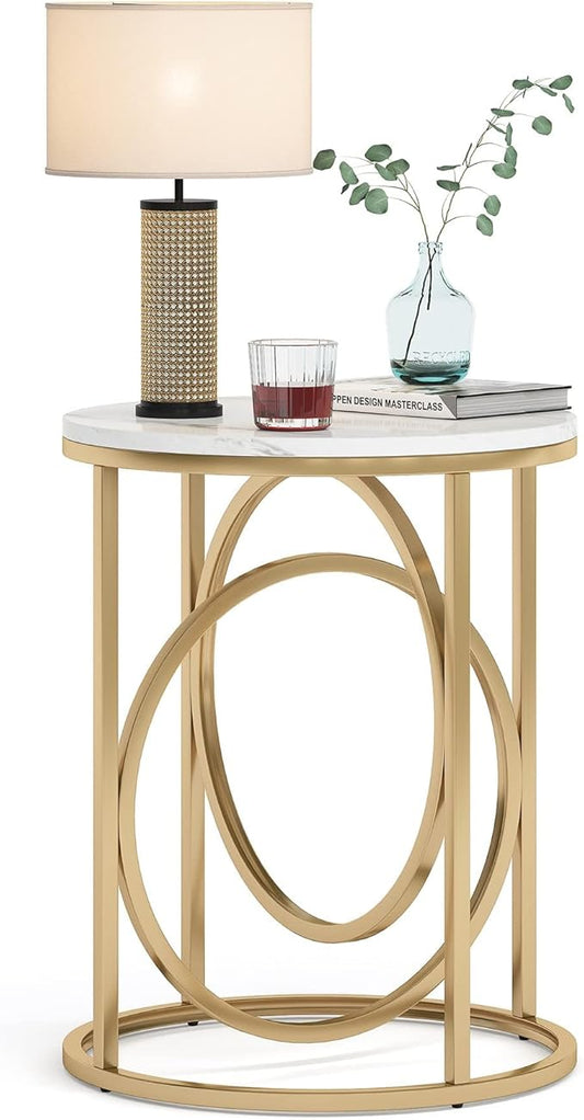 Tribesigns Round End Table for Living Room, Modern Marble Side Table with Gold Metal Frame, White and Gold Accent Table, 26-Inch Tall Narrow Nightstand for Bedroom
