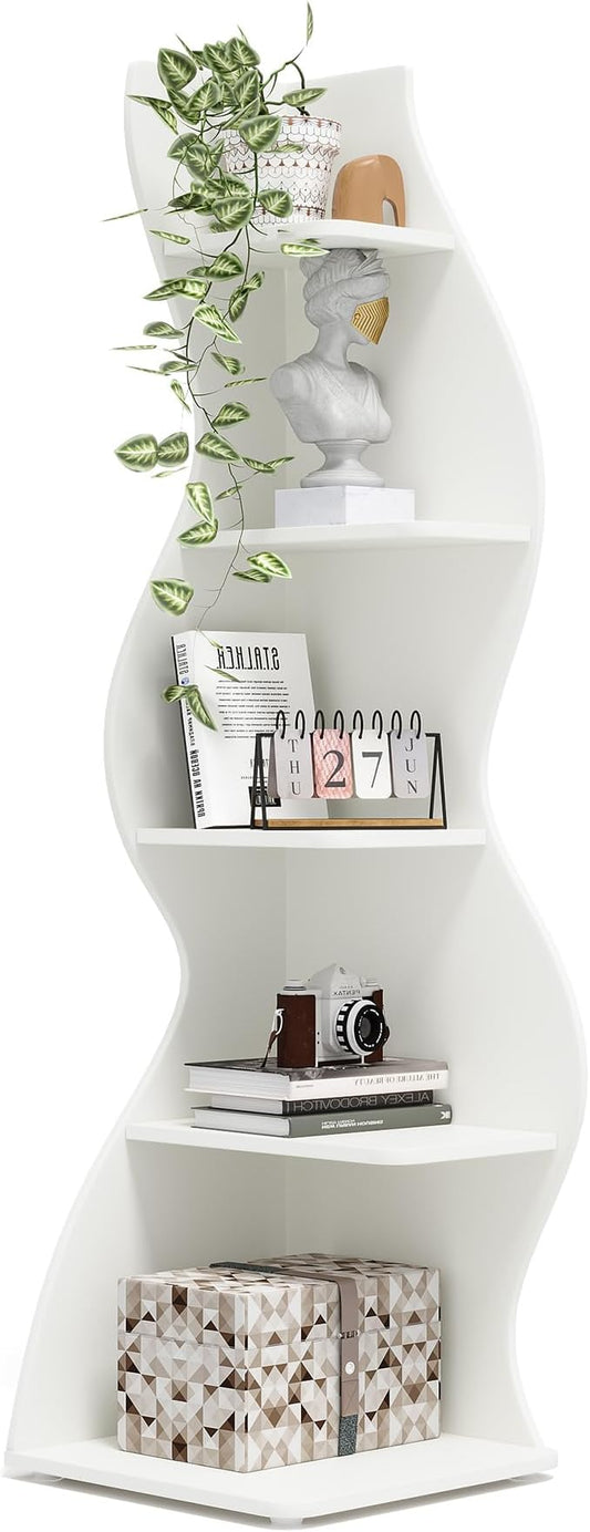 Tribesigns Corner Shelf, Modern 5-Tier Wall Corner Bookshelf, Stylish Corner Small Bookcase Storage Rack Plant Stand with Unique Shape for Living Room, Home Office (White, 1PC)