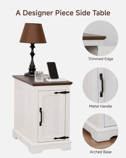 Narrow Side Table with Charging Station,13.8" W End Table with Storage for Sofa Couch or Bed Side with Outlets & USB Ports,Farmhouse Nightstand for Bedroom, Living Room (White & Walnut)