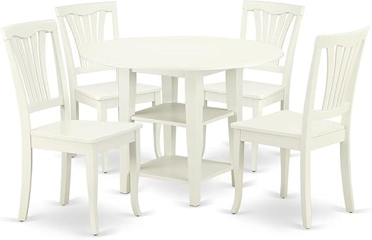 East West Furniture SUAV5-LWH-W 5 Piece Dining Table Set for 4 Includes a Round Kitchen Table with Dropleaf & Shelves and 4 Kitchen Dining Chairs, 42x42 Inch, Linen White
