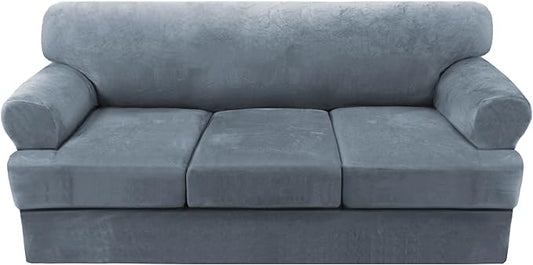H.VERSAILTEX Sofa Cover 4 Piece T Cushion Sofa Slipcovers Thick Velvet Couch Cover Furniture Protector Stretch Sofa Covers for 3 Cushion Couch with 3 Individual Covers Washable, Stone Blue