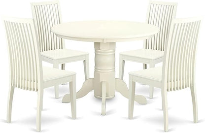 East West Furniture SHIP5-LWH-W 5 Piece Dining Room Table Set Includes a Round Wooden Table with Pedestal and 4 Kitchen Dining Chairs, 42x42 Inch, Linen White