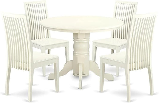 East West Furniture SHIP5-LWH-W 5 Piece Dining Room Table Set Includes a Round Wooden Table with Pedestal and 4 Kitchen Dining Chairs, 42x42 Inch, Linen White