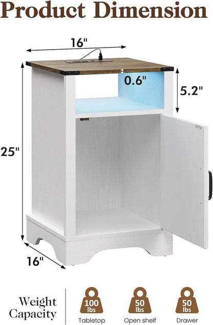 RoyalCraft Farmhouse Nightstand Set of 2, White Night Stand with LED Lights and Charging Station, Bedside Table Set of 2 with Storage and Door, Wood End Table for Bedroom, Home Office, Antique White
