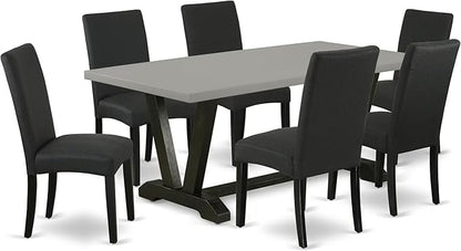 East West Furniture V697DR124-7 7 Piece Modern Dining Table Set Consist of a Rectangle Wooden Table with V-Legs and 6 Black Color Linen Fabric Parsons Dining Chairs, 40x72 Inch, Multi-Color