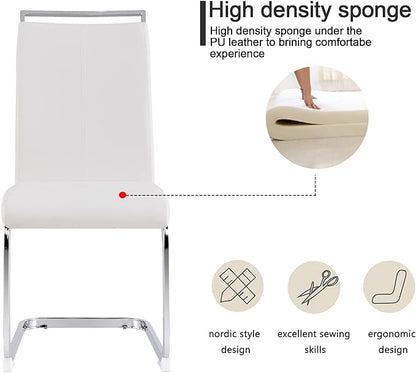 Dining Chairs Set, Kitchen Modern Metal Chairs with Faux Leather Padded Seat High Back and Sturdy Chrome Legs, Chairs for Dining Room (White, Set of 2)