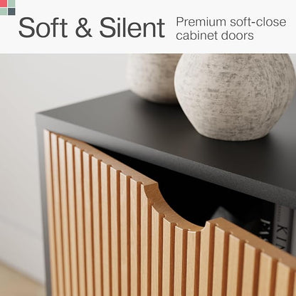 Modern Fluted TV Stand & Media Console - 70-Inch, Fluted Black & Oak - Entertainment Center for 32-80-Inch Screens with Soft-Close Doors & Cord Management
