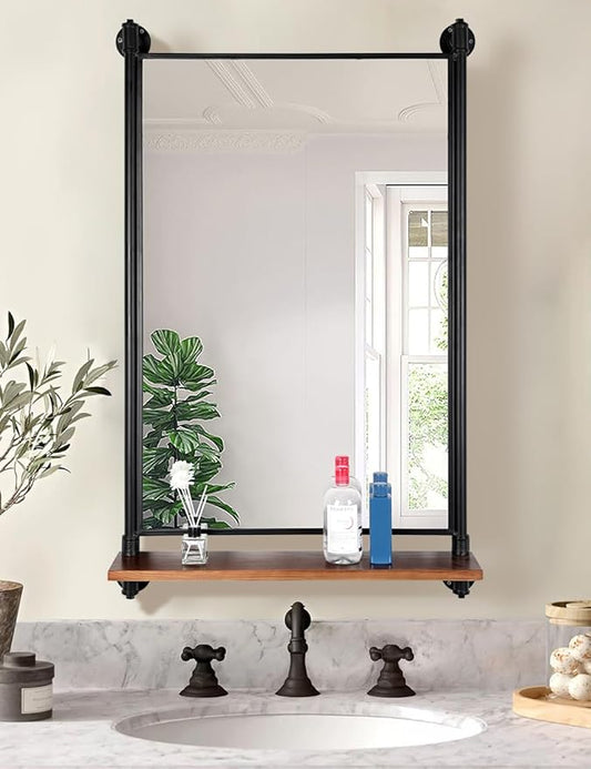 Industrial Pipe Mirror Wood Shelves,Bedroom Mirror with Shelf,Rectangle Iron Wall Mirrors for Living Room Bedroom(34.6 x 23.6 in)
