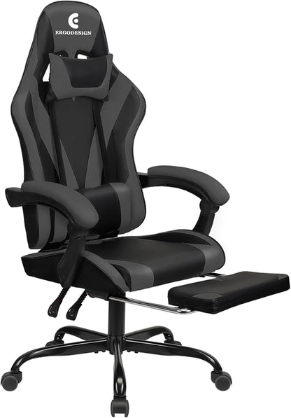 Gaming Chair with Linkage Armrest & Footrest, High Back Video Gaming Chair, Black/Grey