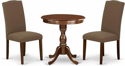 East West Furniture ESEN3-MAH-18 3 Piece Dinette Set for Small Spaces Contains a Round Dining Table with Pedestal and 2 Dark Coffee Linen Fabric Upholstered Chairs, 30x30 Inch, Mahogany