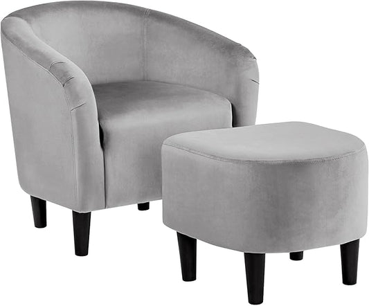 Yaheetech Accent Chair with Ottoman Set, Modern Upholstered Soft Barrel Chair with Footstool, Comfy Fabric Armchair and Footrest for Living Room/Bedroom/Reading Room/Guestroom, Gray