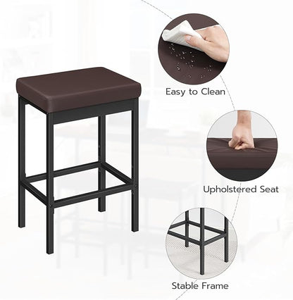 HOOBRO Bar Stools, Set of 2 Barstools, 24.8-Inch Height Stools, Breakfast Barstools, Kitchen Bar Chairs, 2" Thick Upholstery, for Kitchen, Dining Room, Cafe, Bar Counter, Brown and Black BC21BY01