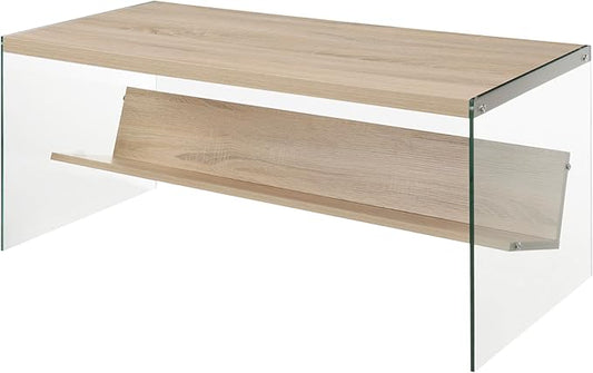 Convenience Concepts SoHo Glass Coffee Table 40" - Modern Living Room Table with Storage Shelf, Contemporary Coffee Table for Family Room, Weathered White